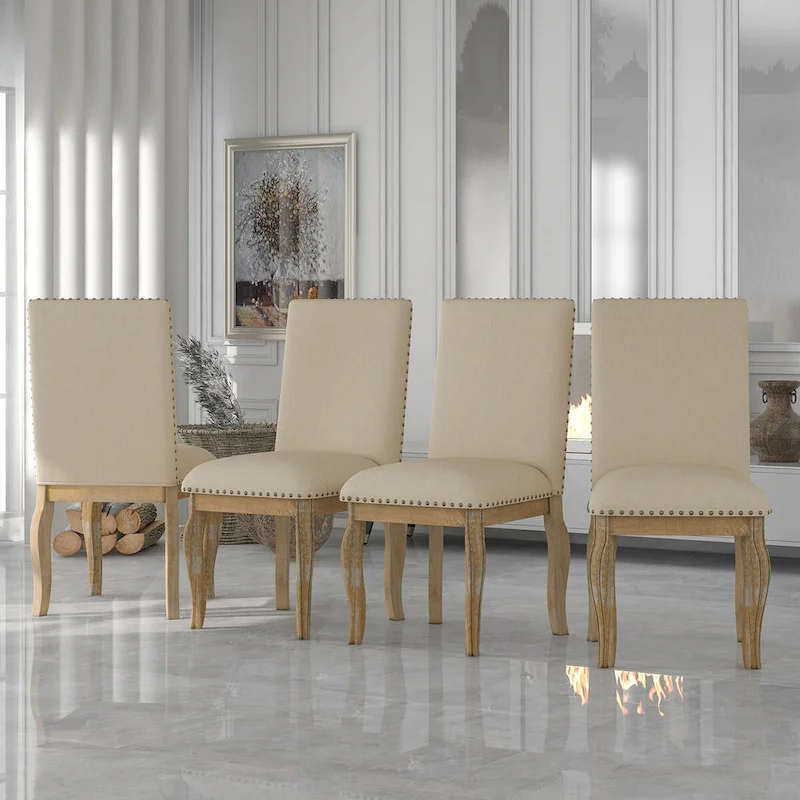 Set of 4 Wood Upholstered Dining Chairs with Nailhead Trim
