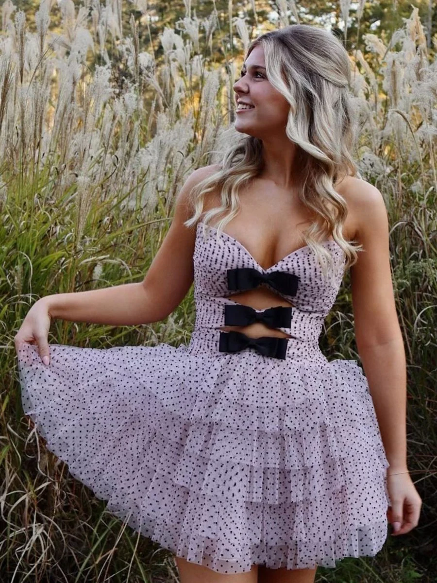 Pink - A Line Strapless Dot Tulle Ruffle Homecoming Dresses With Bow