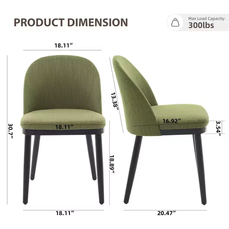 Mid Century Dining Chair Set of 6, Linen Upholstered Kitchen Chair with Thick Cushions Seat and Curved Backrest, Wood Frame Accent Chair