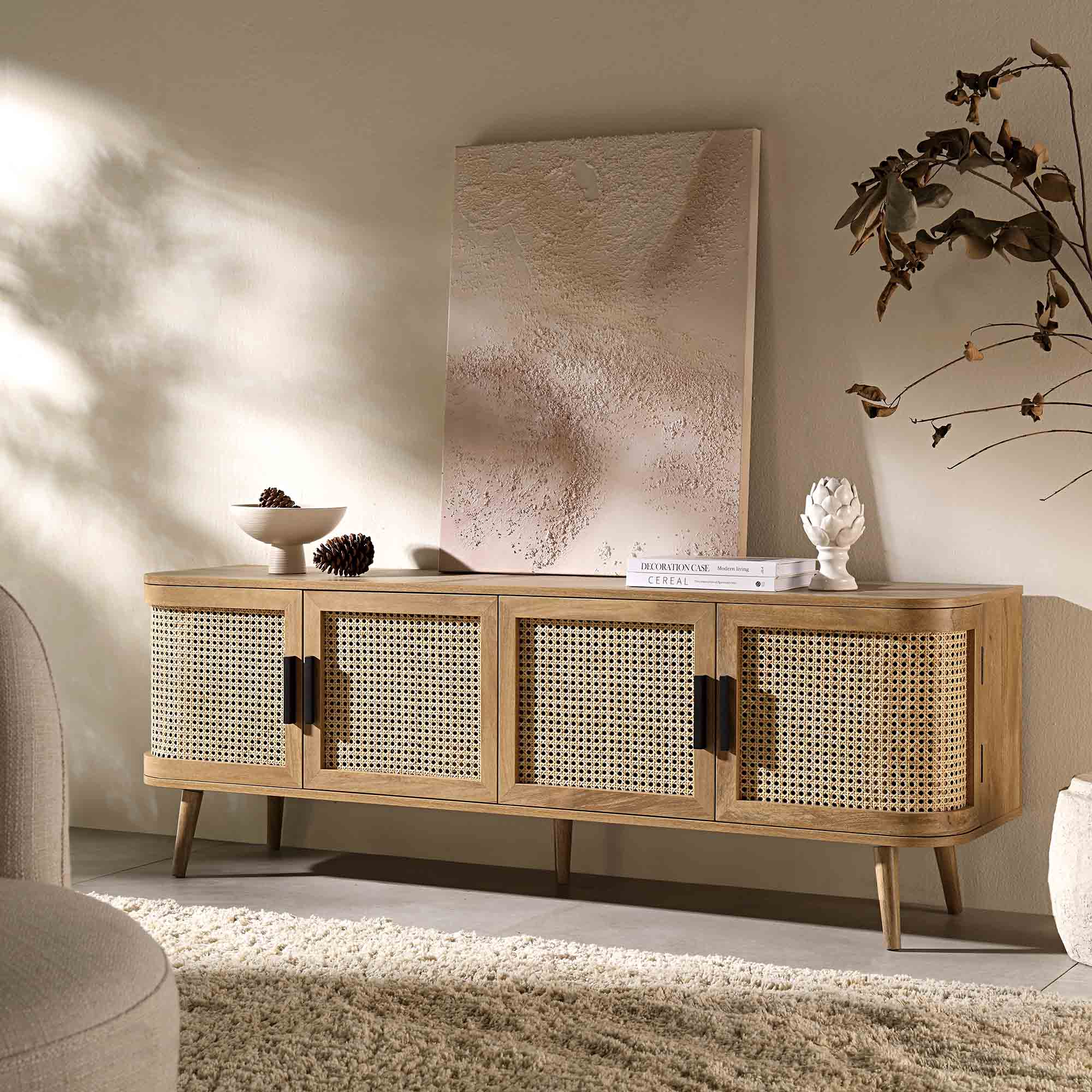 Curved Rattan 63 Wide TV Unit, Natural