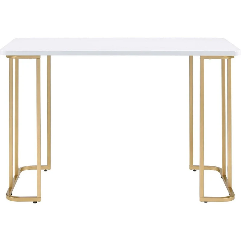 White Antique Writing Desk with Curved Metal Sled Base & Gold Accents – 1-Person