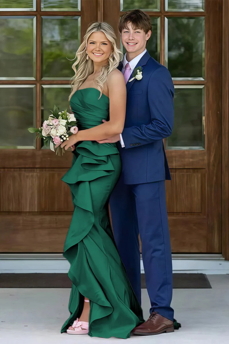 Pink Mermaid Strapless Satin Ruffled Long Prom Dresses with Slit