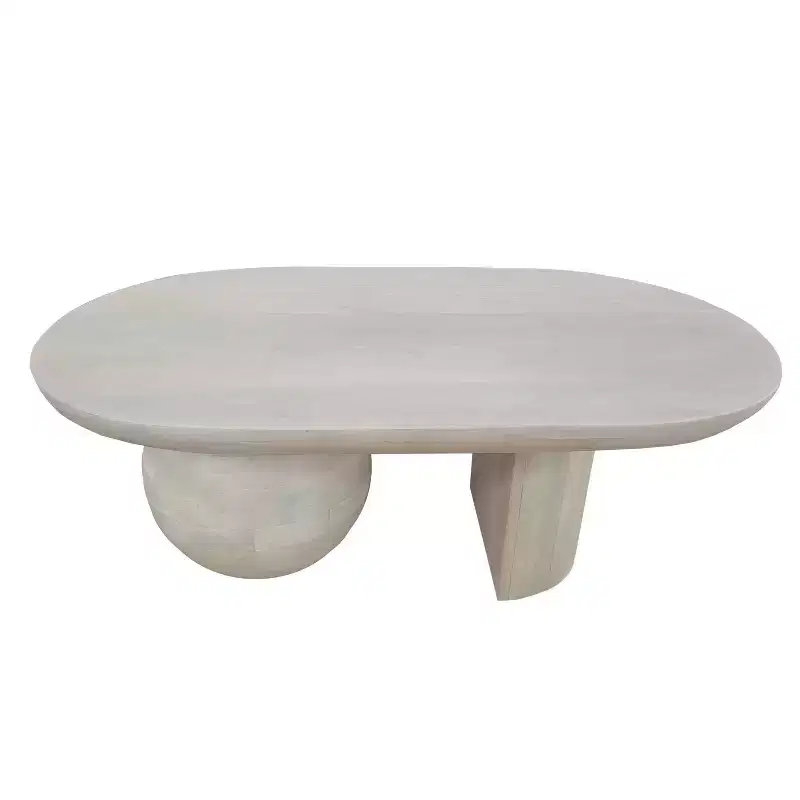 The Urban Port 38" Coffee Table Oblong Mango Wood Top with A Modern Ball Leg Washed White