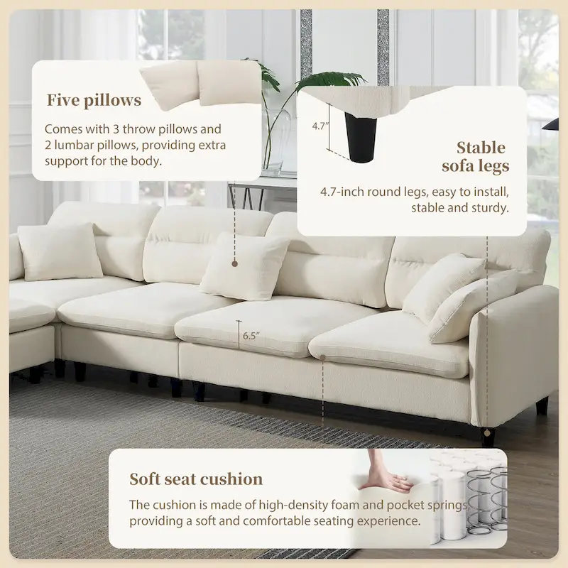 110 Modern L-Shaped Convertible 5-Seat Sectional Sofa with Removable Ottoman and 5 Cushions, Plush Chenille Fabric