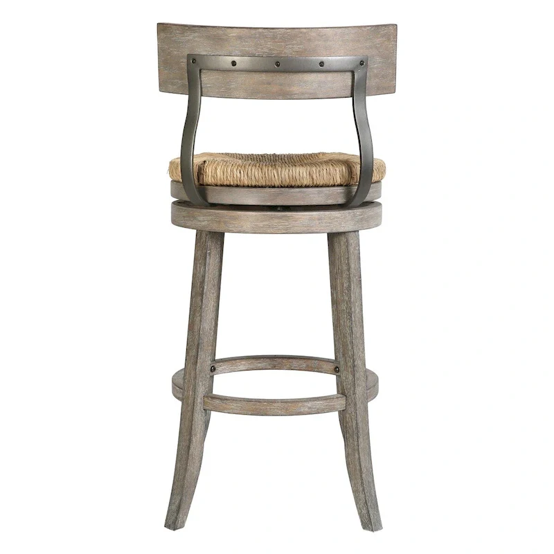 Farmhouse Swivel Wood and Steel Bar Stool with Natural Seagrass Seat