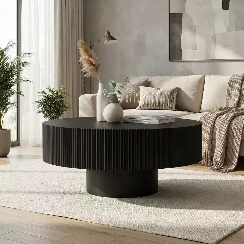 JVNOXK Round Coffee Table, Fluted Coffee Table with Sturdy Pedestal, Mid Century Modern Coffee Table for Living Room, Bedroom, Terrace, Office