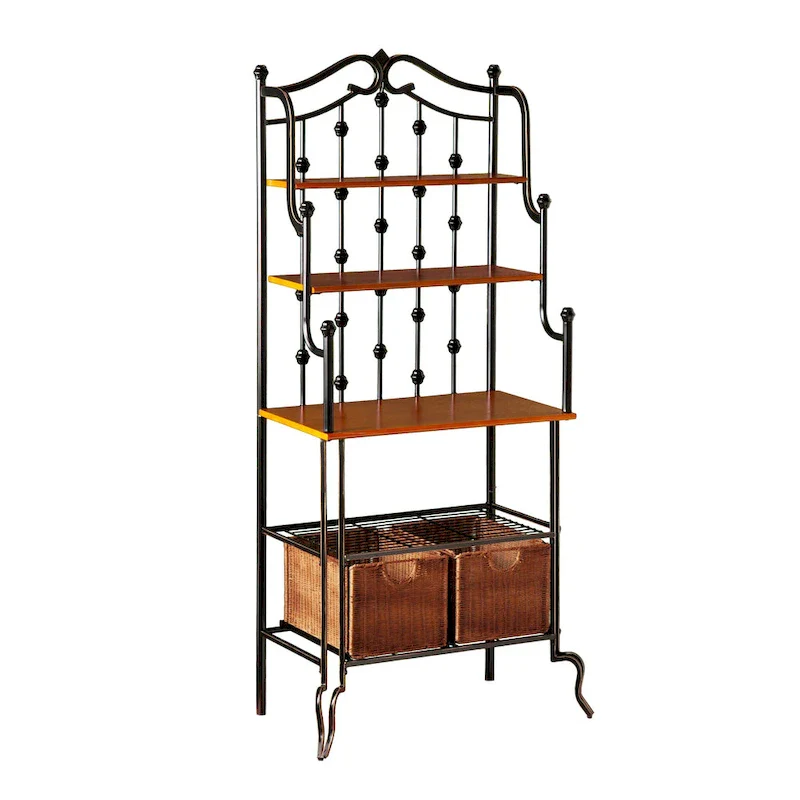 Black Baker's Rack with Rattan Baskets and Mission Oak Shelves