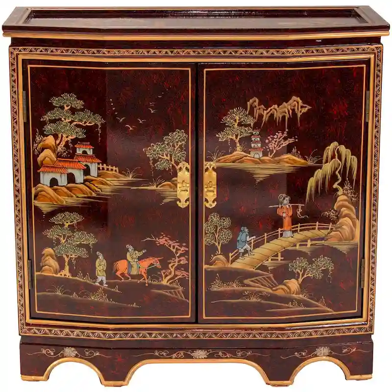 Red Lacquer Slant Sideboard, Hand-Painted Landscape, 2 Doors