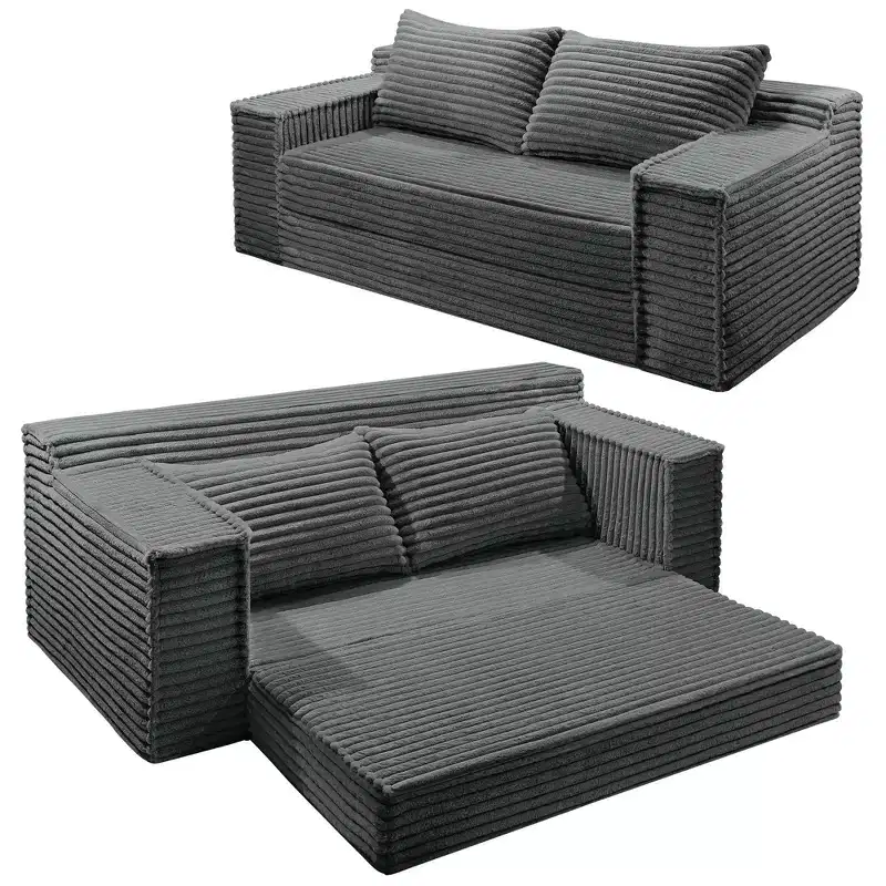 Convertible Sleeper Sofa Bed, Corduroy Folding Floor Couch with Fixed-Shape Support for Living Room, Bedroom, Studio - Gray
