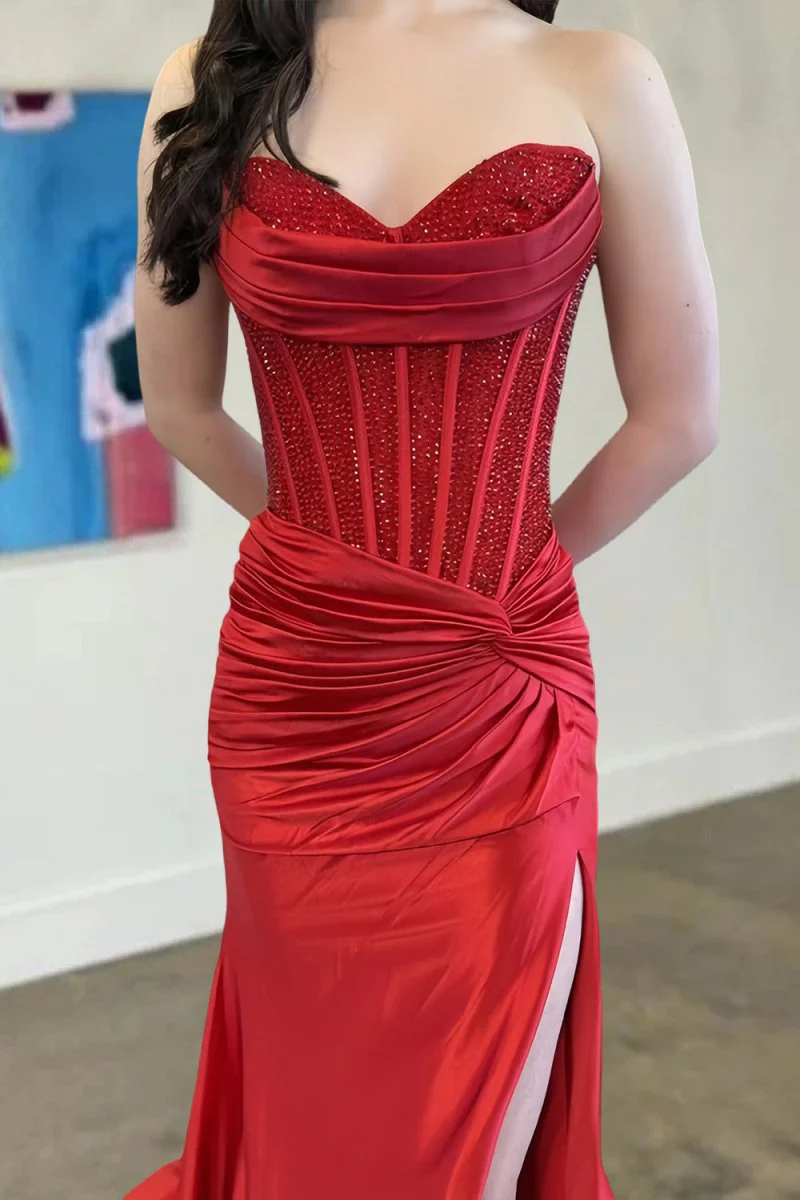 Red Sweetheart Mermaid Satin Beaded Prom Dressed With Slit