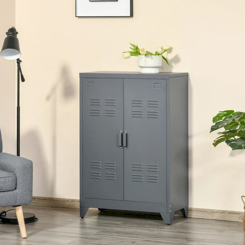 Grey Industrial Steel 2-Door Storage Cabinet with Adjustable Shelves & Louvered Doors – Single Unit