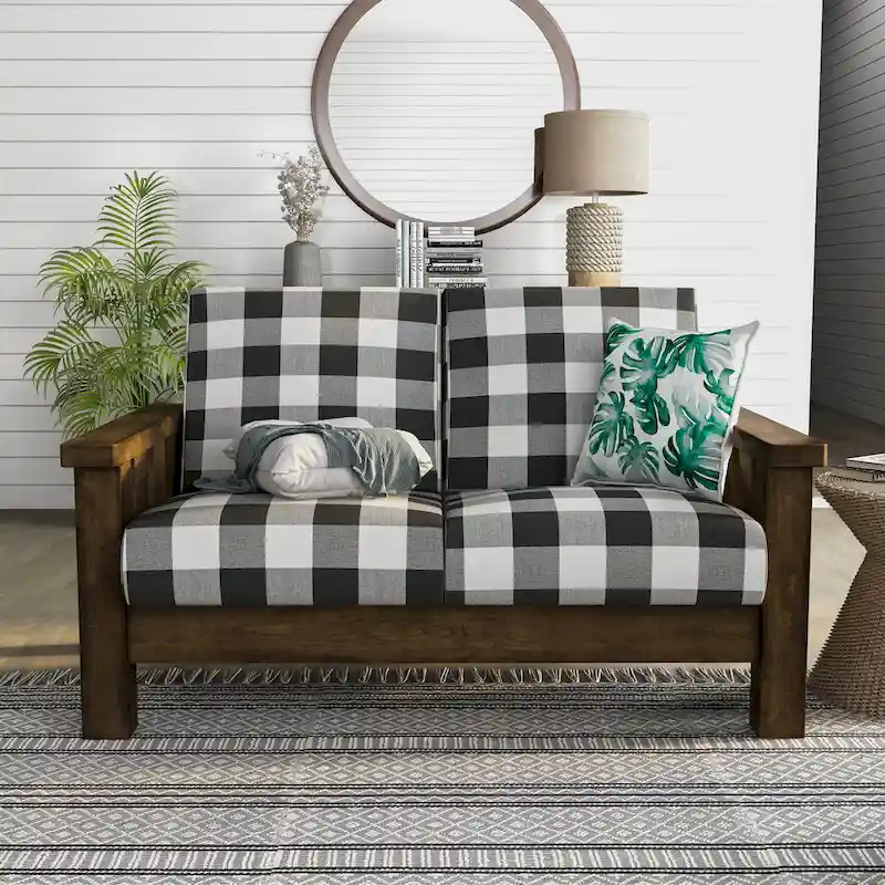 Rustic Oak Plaid Fabric Loveseat - Seats 2