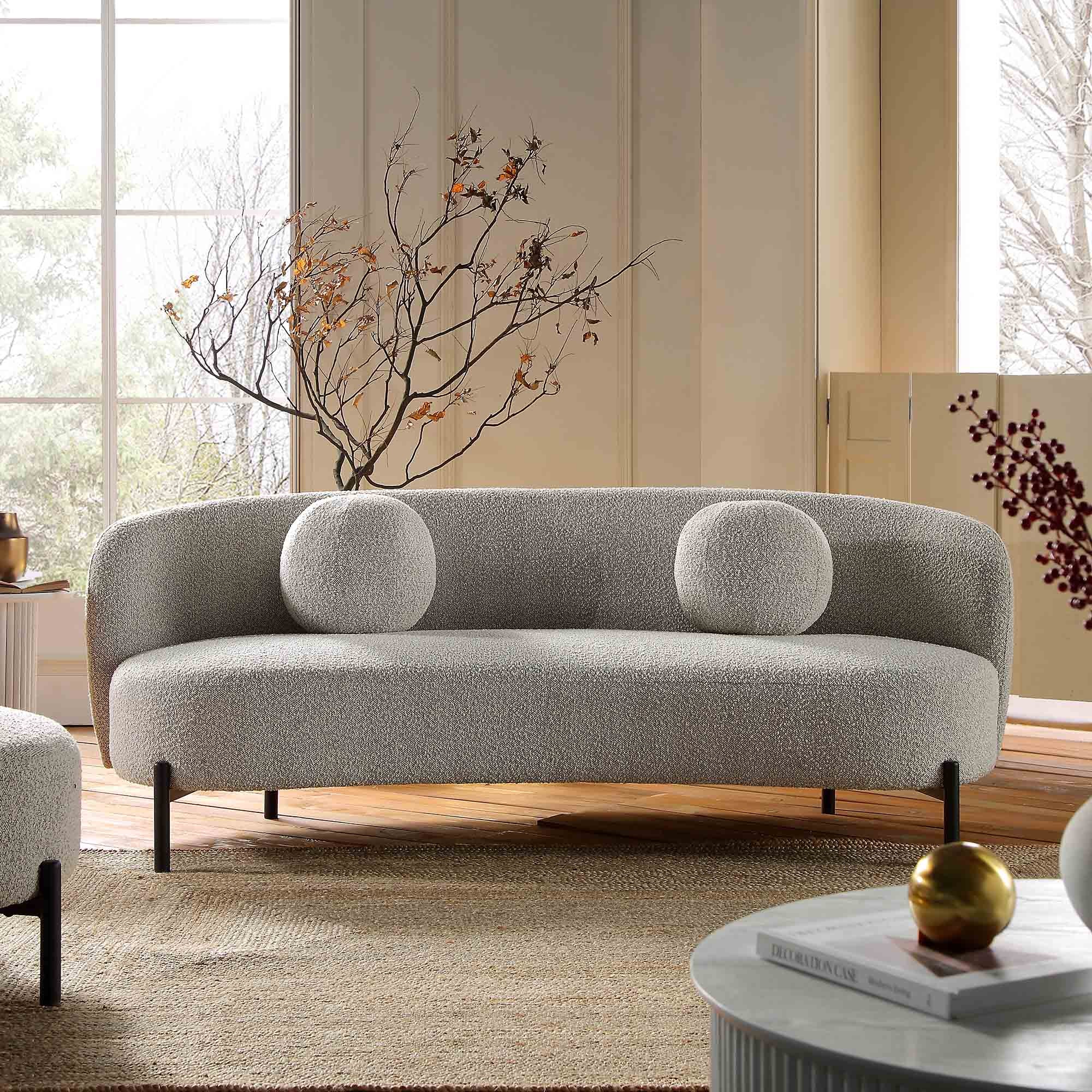 3-Seater Curved Sofa with Ball Cushions, Mist Gray Boucle