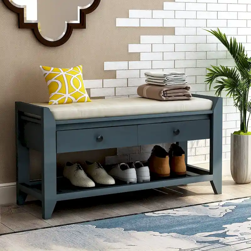 Entryway Storage Bench with Cushioned Seat, Drawers and Shoe Rack