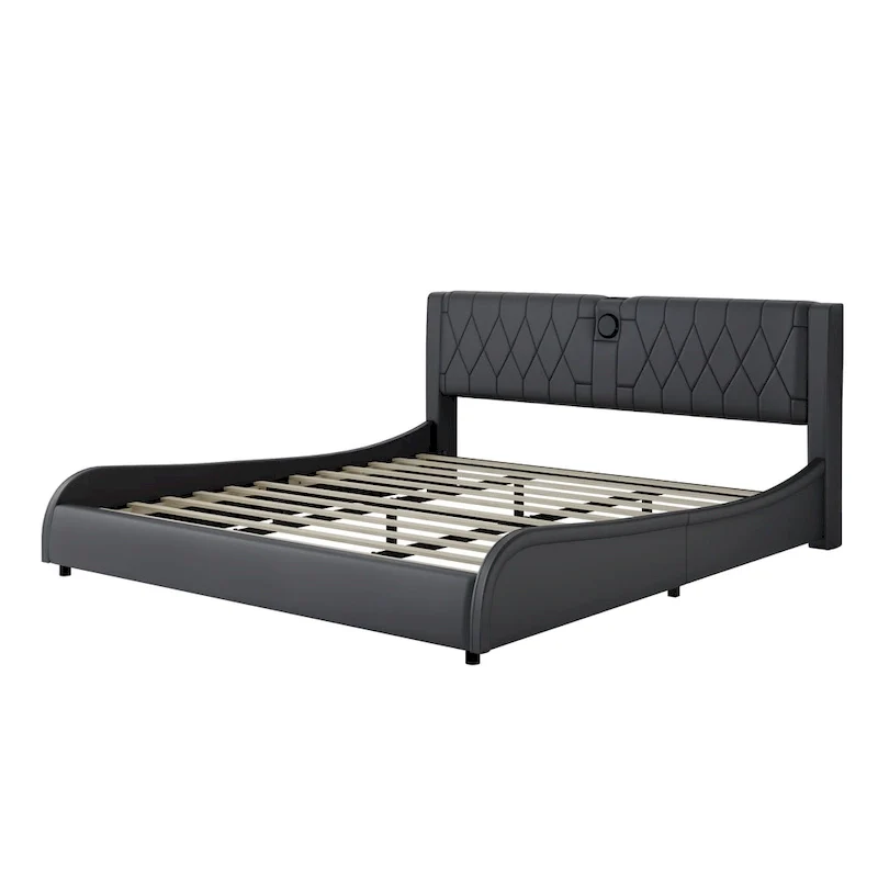 King LED Bed Frame with Bluetooth Speakers & Leather Upholstery