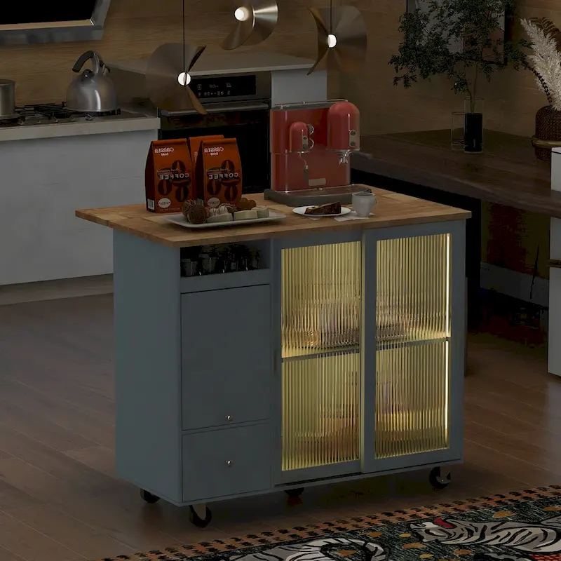 44 in. W Kitchen Island Rubber Wood Drop-Leaf Countertop on 5 Wheels with an Adjustable Shelf and 2 Drawers - 44