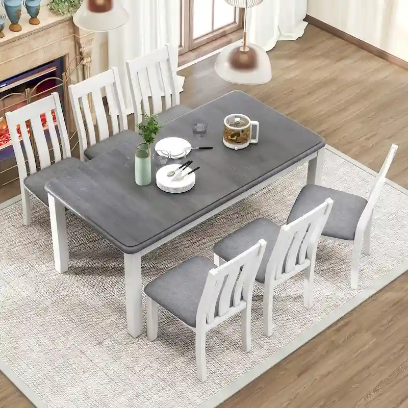 Retro Style 7-Piece Dining Table Set with Extendable Table and 6 Upholstered Chairs