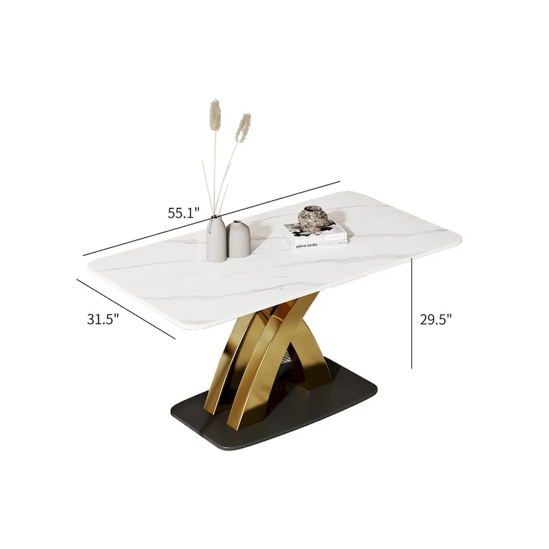 Modern White Rectangular Dining Table,Sintered Stone top,Gold X-Shaped
