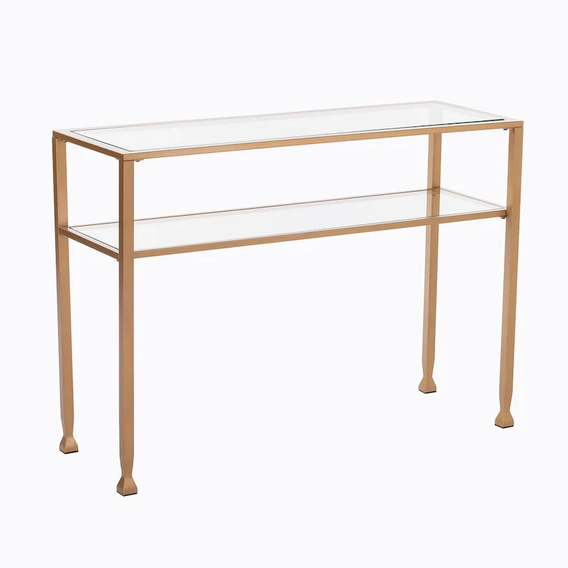 SEI Furniture Price Matte Gold Metal Console Table with Shelf and Tempered Glass
