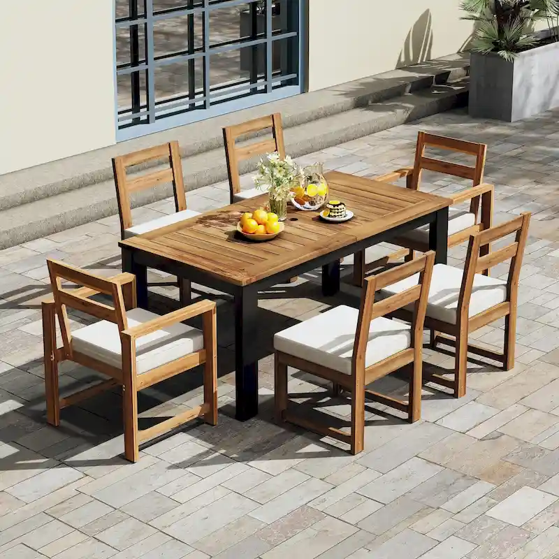 7 Piece Acacia Wood Outdoor Dining Set, All Weather Patio Furniture Set with Umbrella Hole, 2 Armchairs and 4 Side Chairs