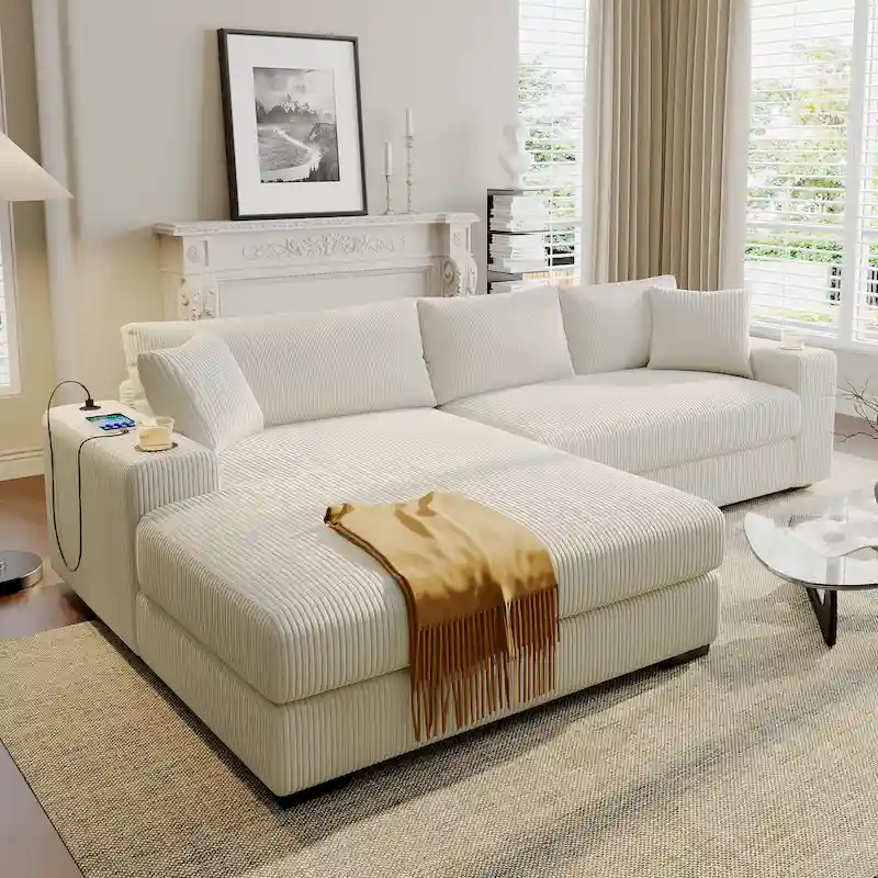 Large Sectional Sofa with Thick Cushions, and Built-in Cup Holders & Charging Ports