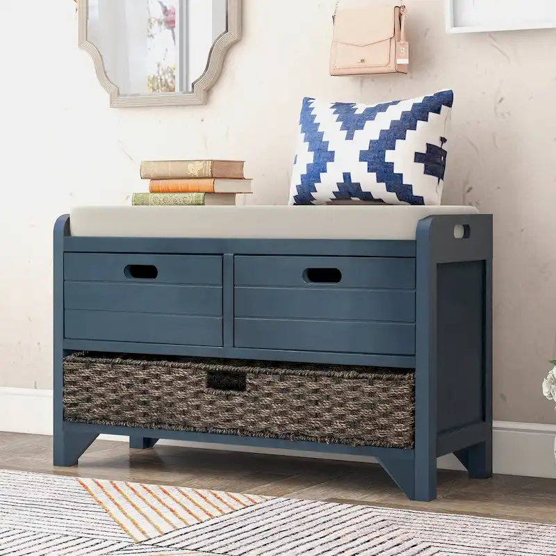Storage Bench with Removable Basket and 2 Drawers, Fully Assembled Shoe Bench with Removable Cushion (White Washed)