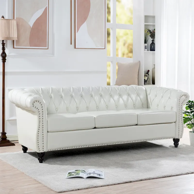 Orange / Espresso / White / Grey / Brown / Black PU Leather Rolled Arm Chesterfield 3-Seater Sofa with Birch Legs