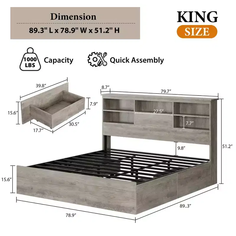 King Size Storage Bed 1000LBS with Bookcase Headboard & 4 Dust-Proof Drawers, Steel Frame, 6-Wheel Glide, Quick Assembly, 89.378.951.2, Gray