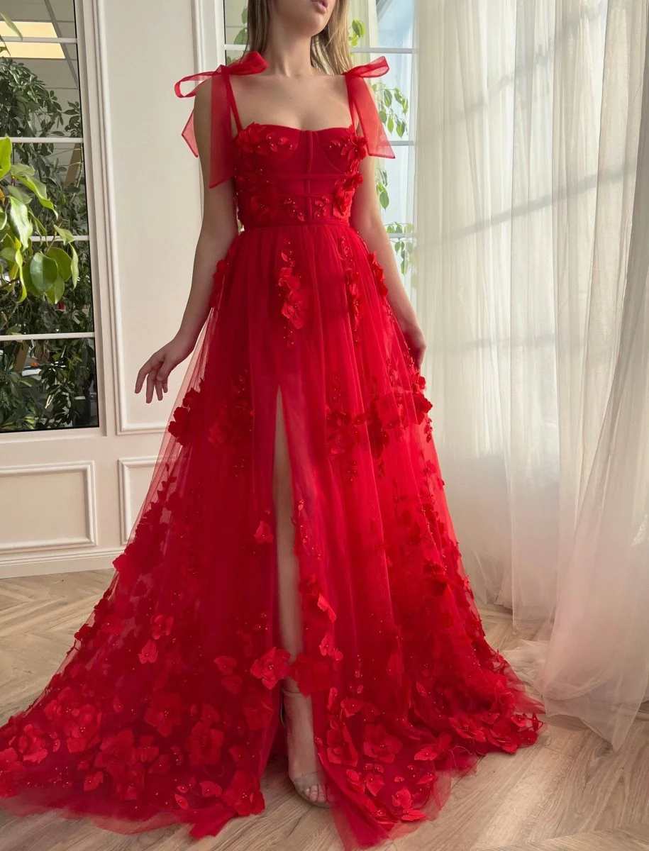 Scarlet Tulle A-line 3D Flower Long Prom Dress With Slit