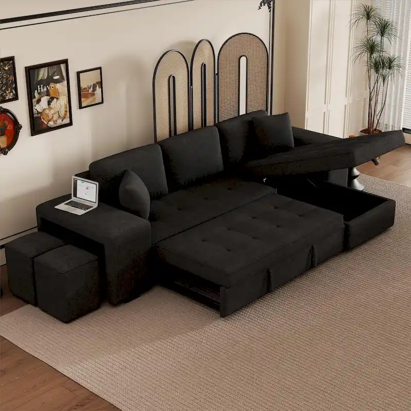 104.5  Charcoal L-Shaped 3 Seater Convertible Sofa with Pull-Out Bed, Storage Chaise and 2 Stools for Living Room