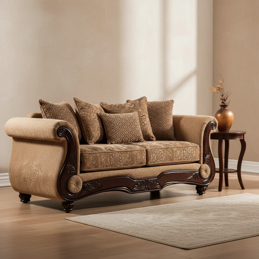 Traditional Tan Chenille Upholstered Loveseat with Accent Pillow