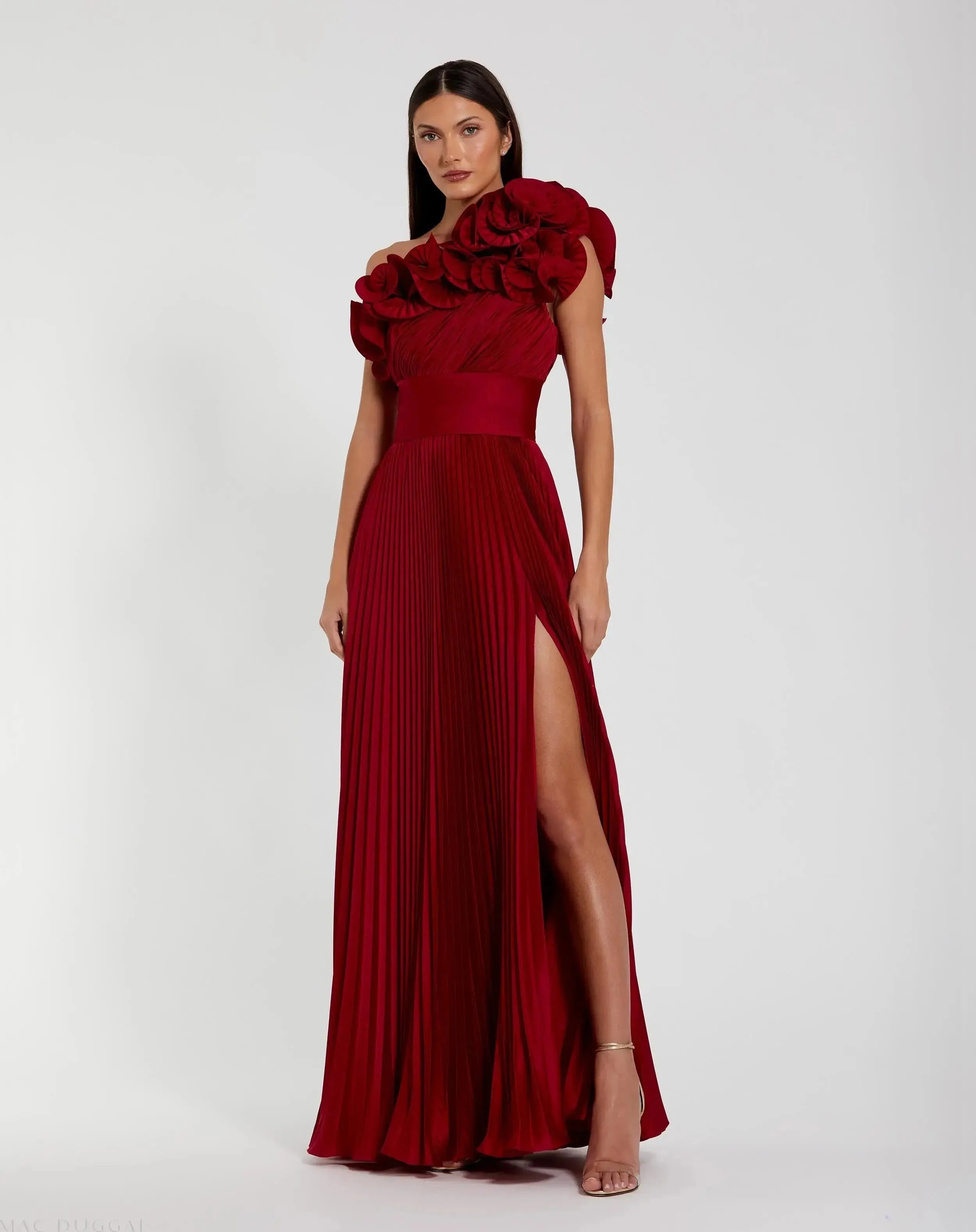 Pleated Charmeuse One-Shoulder Evening Gown with Ruffle Detail