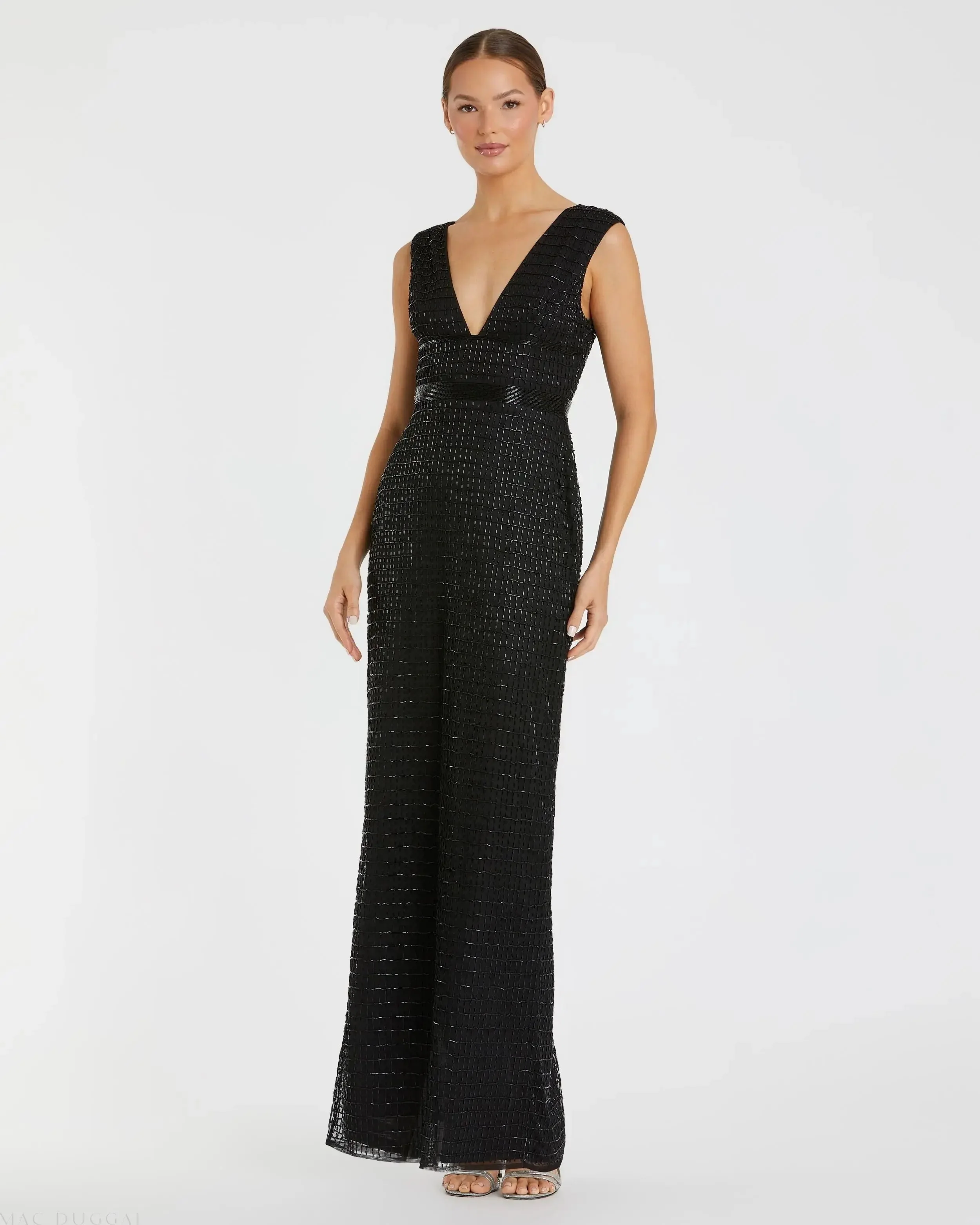 Beaded Cap Sleeve V Neck Column Gown
