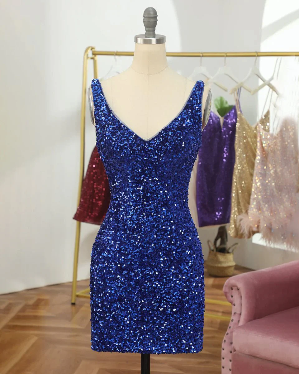 Light Blue Sheath Open Back Sequins Tight Mini Party Dresses