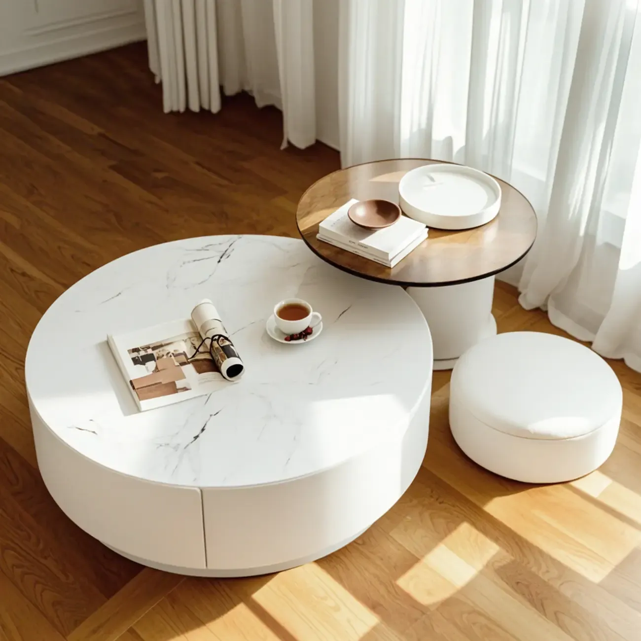 Modern Wood Round Nesting Coffee Table with 2 Drawers