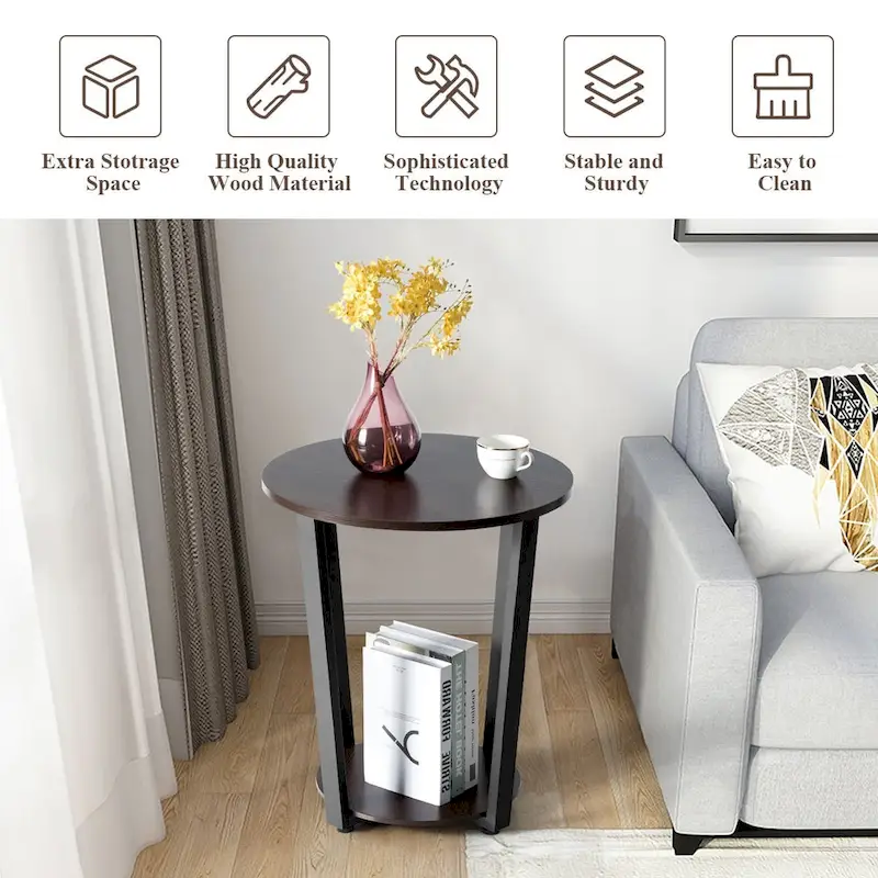 Set of 2 Industrial End Tables with 2-Tier Storage - Round Side Tables 19.5