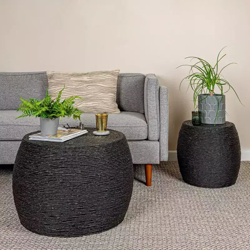Storied Home Round Rope Barrel Side Table Black