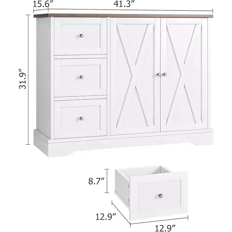 Sideboard Buffet Cabinet with Storage, 55 Kitchen Cabinet, 3 Drawers and 2 Doors, Coffee Bar Cabinet with Rubberwood Tabletop
