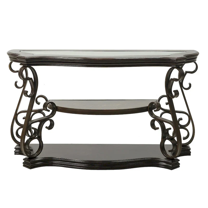 Glass Tabletop Sofa Table with Fixed Shelf