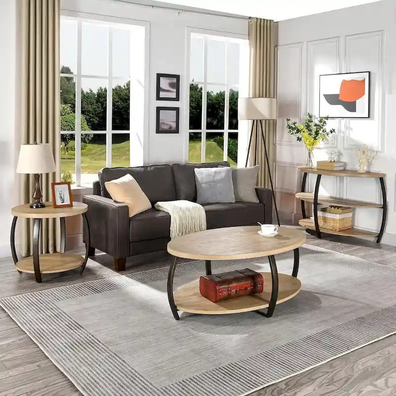 Oval Coffee Table, Industrial 2-Tier Elliptic Coffee Table