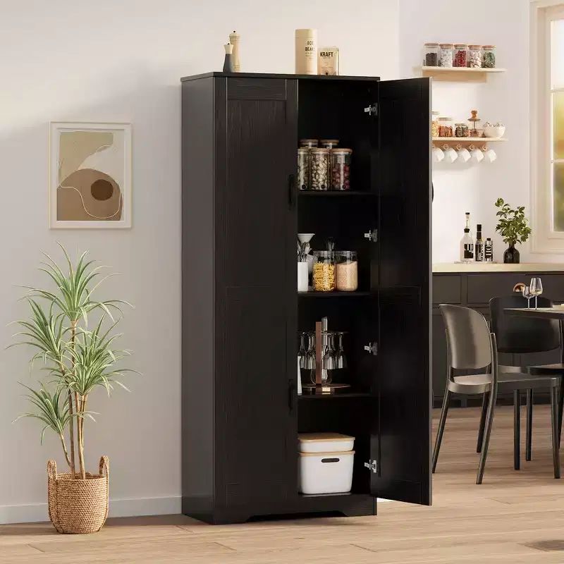 60 Tall Kitchen Storage Cabinet - with 2 Doors & Adjustable Shelves, Freestanding Cupboard Organizer for Dining Room, Bathroom, Living Room