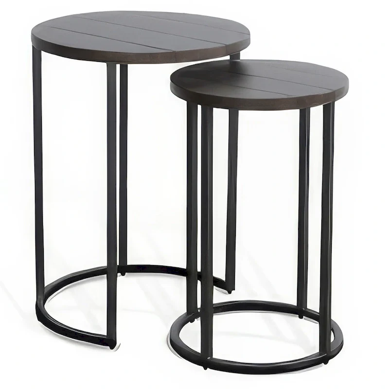 2-Piece Nesting Table Set, Dark Brown Mahogany, Black Metal Base