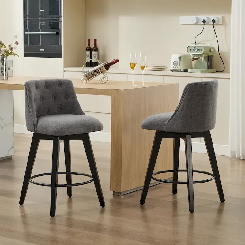 Modern Swivel Linen Upholstery Bar Stools Set of 2, with Button Tufted Back and Solid Wood Frame