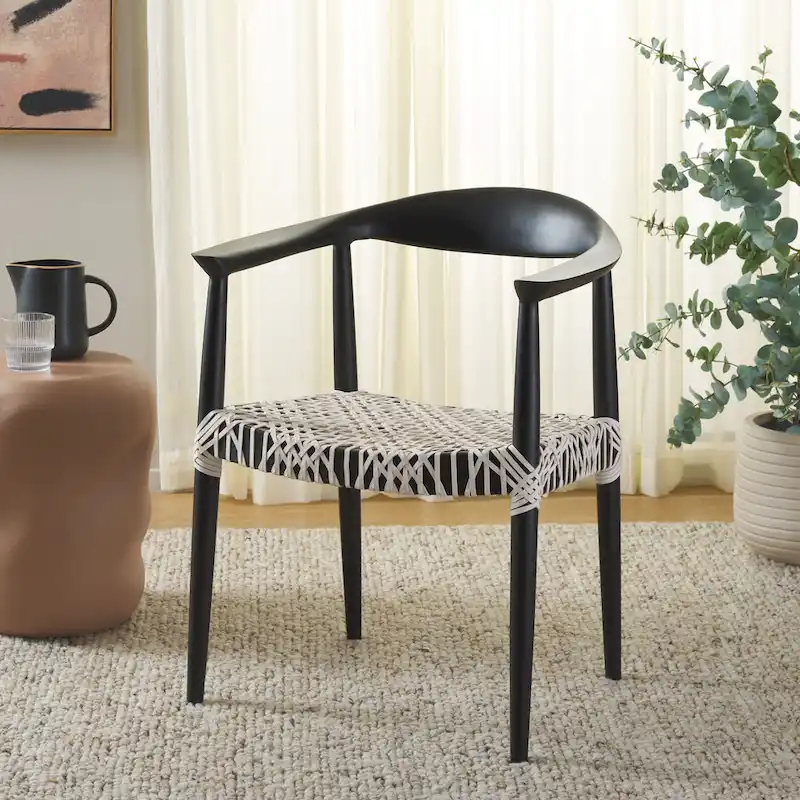 Black / White Mid-Century Modern Woven Dining Arm Chair with Wood Legs – Single
