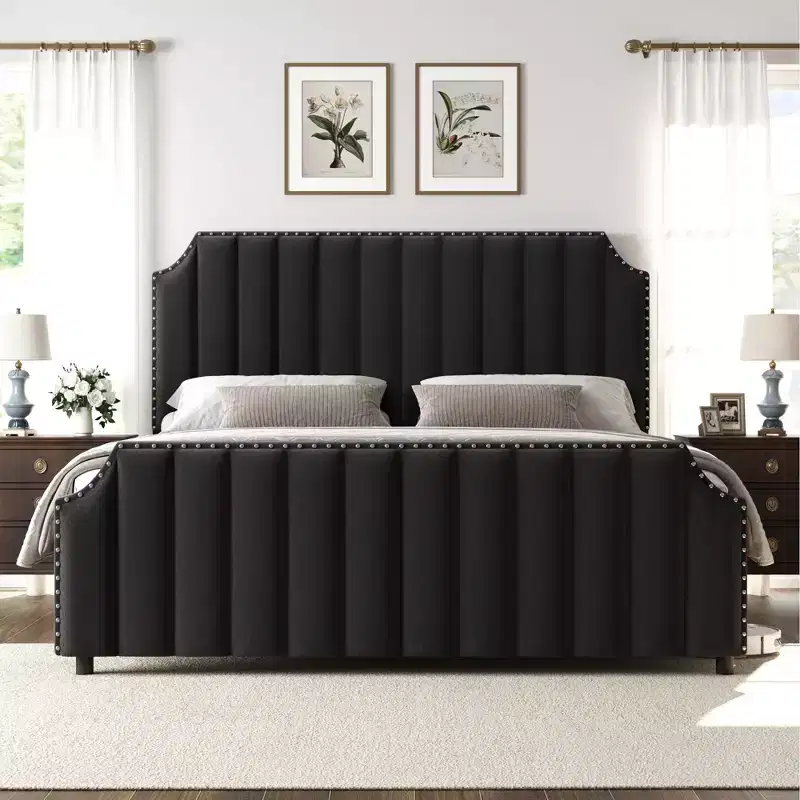 Bed Frame, Velvet Upholstered Bed Frame, High Headboard with Vertical Stitches & Brass Nails, Sturdy Structure, No Box Spring Needed, Easy Assemble