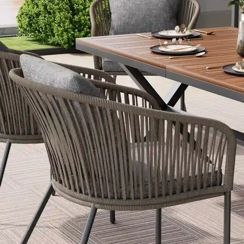 7 Pieces All-Weather Patio Dining Set with Acacia Wood Tabletop and 6 Chairs