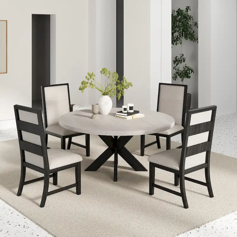 Roundhill Furniture Gates 5-Piece Round Dining Set, Light Gray
