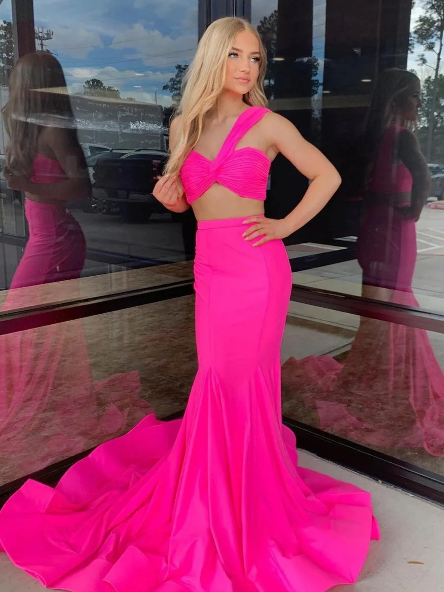 Hot Pink Two Piece One Shoulder Satin Mermaid Prom Dress