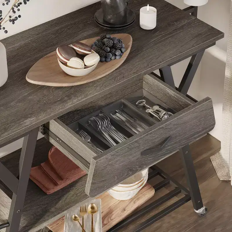 Rustic Brown / Vintage Dark Grey Rolling Kitchen Cart with 3-Tier Shelf, Lockable Wheels