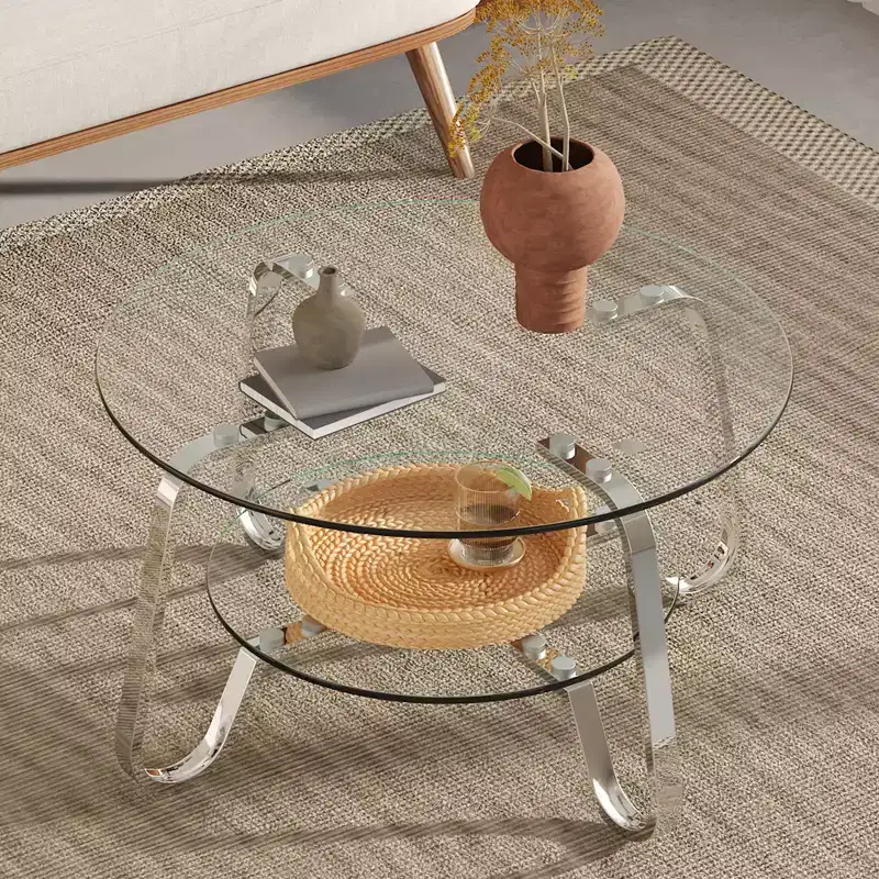 Retro Minimalist Metal Frame Coffee Table with Double Tempered Glass Layers, Size 31.5x31.5x17.7 Inches